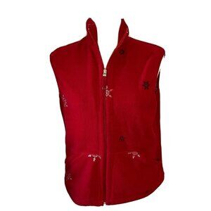Casual Corner Annex Women’s Fleece Embroidered Snowflakes Red Zip Up Vest-S